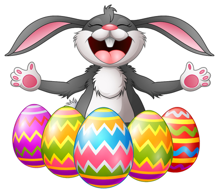 Illustration of Cartoon rabbit laughing with five decorated easter eggsのイラスト素材