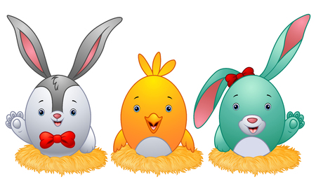 Vector illustration of Funny easter eggs with rabbit ears in the nestのイラスト素材
