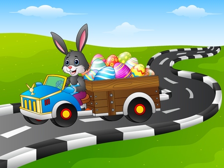Vector illustration of Easter Bunny driving a car carrying easter eggs on roadのイラスト素材