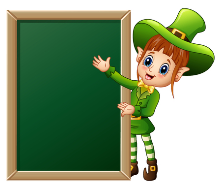 Cartoon girl leprechaun presenting with chalkboard signのイラスト素材