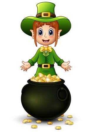 Cartoon girl leprechaun presenting with a pot of gold coinsのイラスト素材