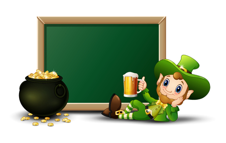 Cartoon Leprechaun holding a mug beer with chalkboard and pot of gold coinsのイラスト素材