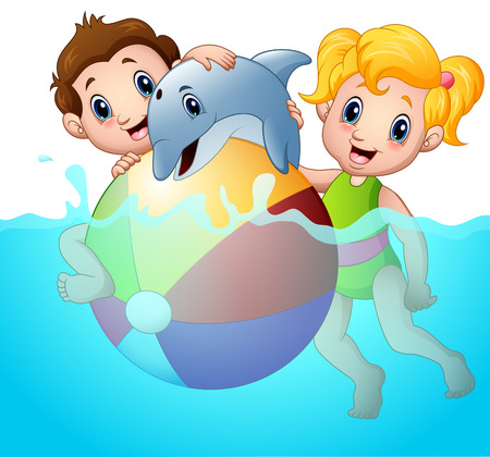 Vector illustration of Cartoon boy and girl playing beach ball with dolphin on waterのイラスト素材