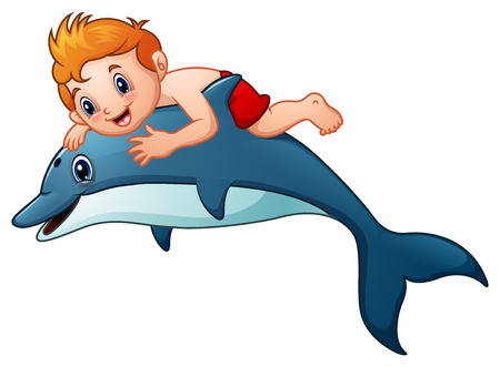Little boy cartoon riding dolphinsのイラスト素材