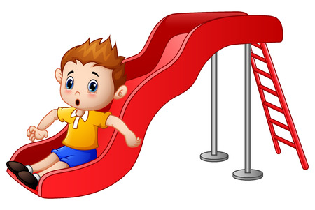 Little boy cartoon playing on a slideのイラスト素材