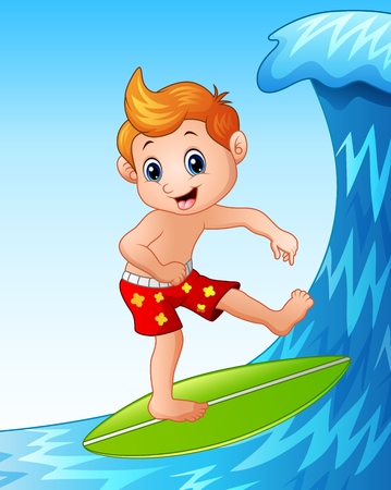 Cartoon boy playing surfboard with big wavesのイラスト素材