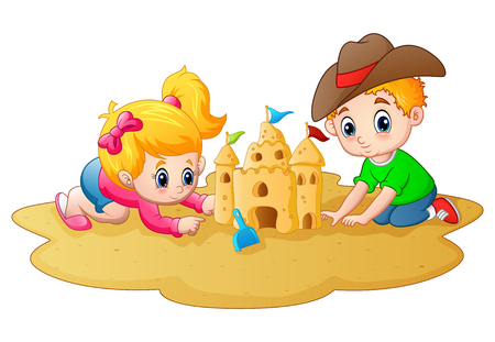 Little boy and girl making sandcastle at beachのイラスト素材