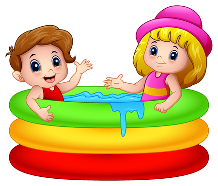 Cartoon boy and girl playing in an inflatable poolのイラスト素材