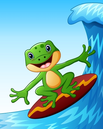 Smiling frog cartoon surfing on big sea wavesの写真素材
