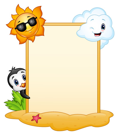 Summer signboard with penguin, sun character and smiling cloudsのイラスト素材