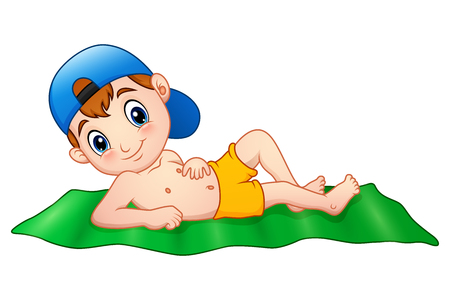 Cartoon boy lying on the matのイラスト素材