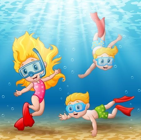 Vector illustration of Three kids swimming and diving underwaterのイラスト素材