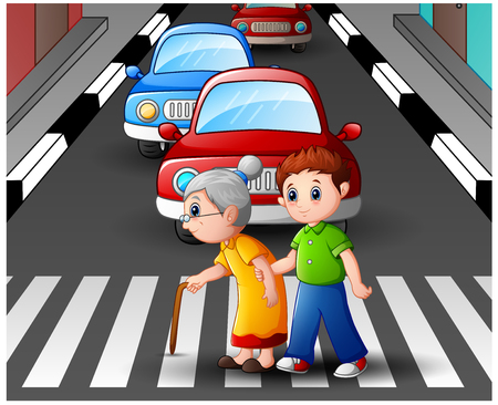 Cartoon boy helps grandma crossing the streetのイラスト素材