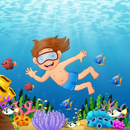Vector illustration of Cartoon boy swimming in the sea with fishのイラスト素材