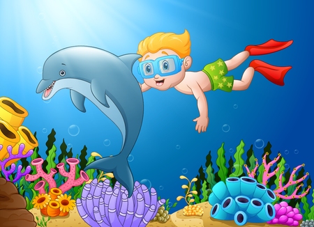 Vector illustration of Cartoon boy diving in the sea with dolphinのイラスト素材