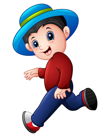 Vector illustration of Cartoon boy running wearing a hatのイラスト素材