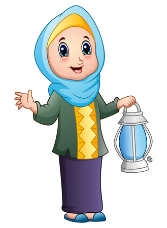 Cartoon muslim girl holding lanternのイラスト素材