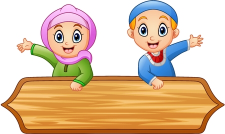 Muslim kids cartoon with wooden signのイラスト素材