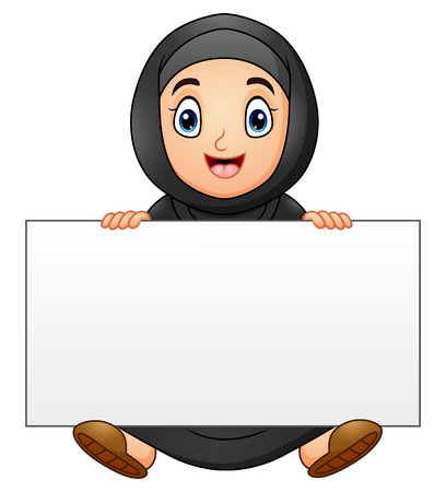 Happy muslim girl cartoon holding blank signのイラスト素材