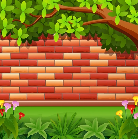 Vector illustration of Red brickwall background with treeのイラスト素材