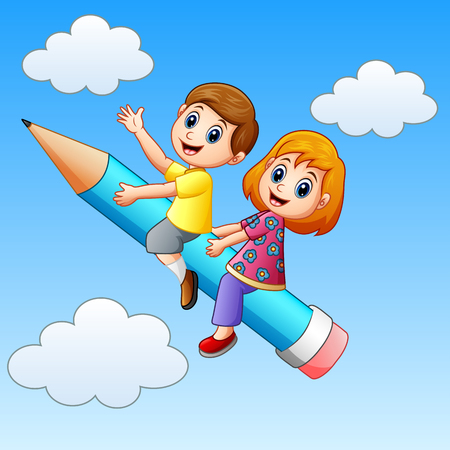 Vector illustration of School kids riding a pencilのイラスト素材