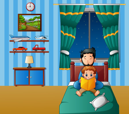 Vector illustration of Father and his son reading a book in bed at nightのイラスト素材