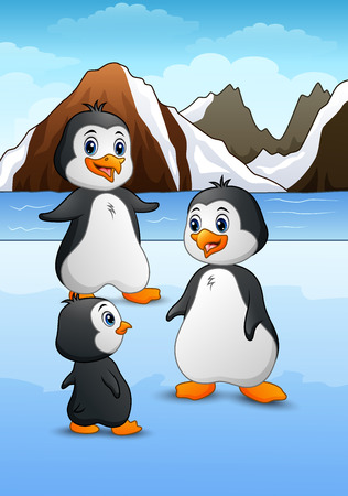 Vector illustration of Penguin family standing on icy landscapeのイラスト素材