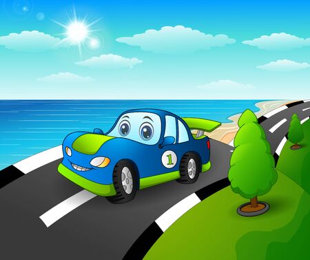 Vector illustration of Blue sport car in the seaside roadのイラスト素材