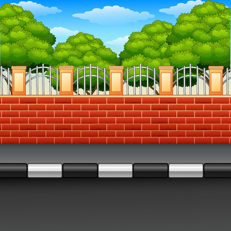 A scenery of a street with brick fences and green plants.のイラスト素材