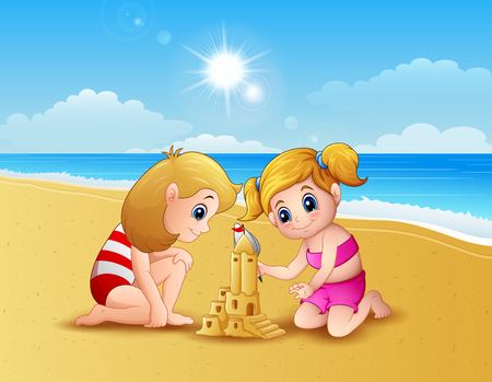 Vector illustration of Two girl making sand castle at the beachのイラスト素材