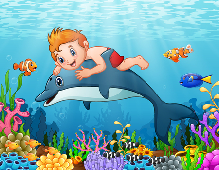Boy with dolphin swimming.のイラスト素材