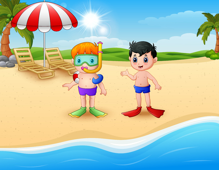 Snorkeling kids standing on beachの写真素材