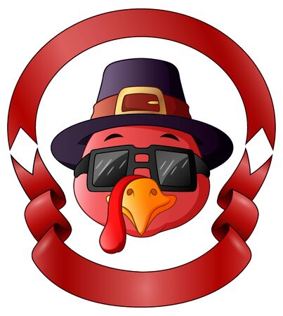 Vector illustration of Happy thanksgiving turkey with frame of red ribbonのイラスト素材