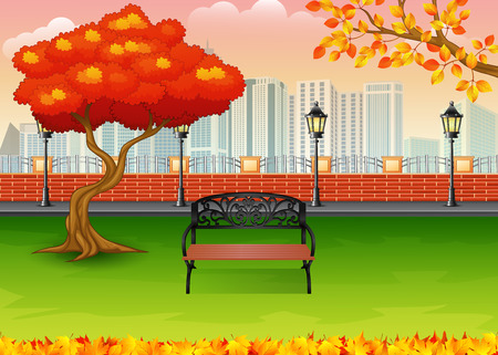 Illustration of Autumn city park with town buildingのイラスト素材