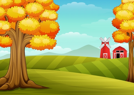 Vector illustration of Autumn trees in farm landscape with barn and windmillのイラスト素材