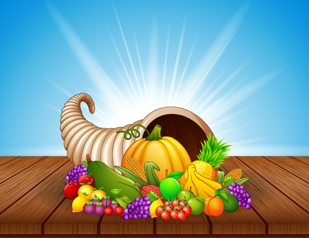 Vector illustration of Autumn cornucopia with vegetables and fruits on wooden tableのイラスト素材