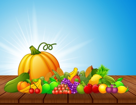 A Vector illustration of Cartoon fruits and vegetables on wooden table.のイラスト素材