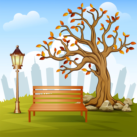 A Vector illustration of Beautiful autumn city park with town building background.のイラスト素材