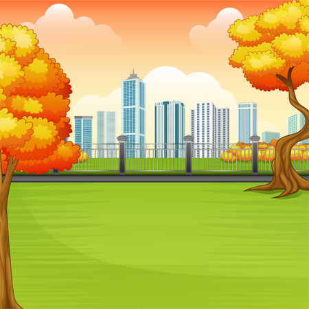 Vector illustration of Beautiful autumn park with city buildingsのイラスト素材