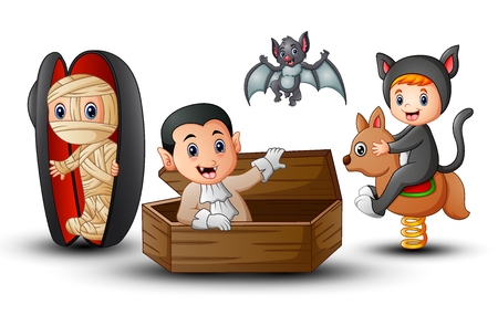 Cartoon style illustration of kids in Halloween costumes.のイラスト素材