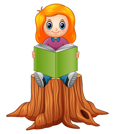 Vector illustration of little girl reading book over tree stump.のイラスト素材