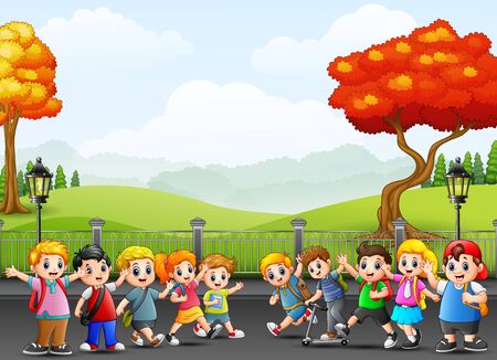 Vector illustration of cartoon happy school children on the street.のイラスト素材
