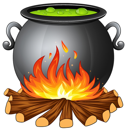 Illustration of cauldron with boiling green potion on wood fire.のイラスト素材