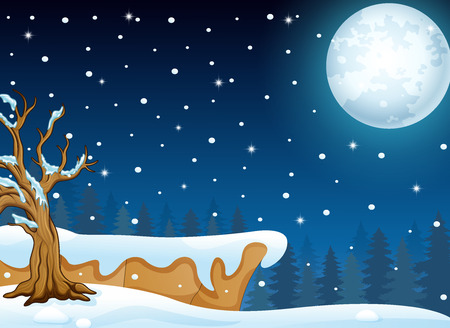 Vector illustration of Night winter landscape with falling snowのイラスト素材