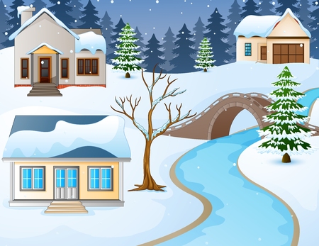 Vector illustration of Cartoon winter rural landscape with houses and stone bridge over riverのイラスト素材