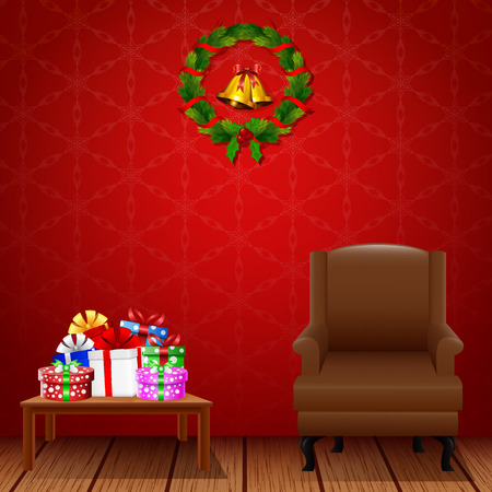 Illustration of Christmas themed living room with armchair and presents on the table.のイラスト素材
