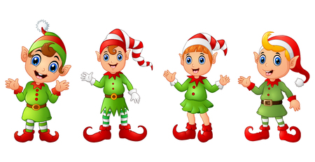 Vector illustration of Four Christmas elves different poses isolated on white backgroundのイラスト素材