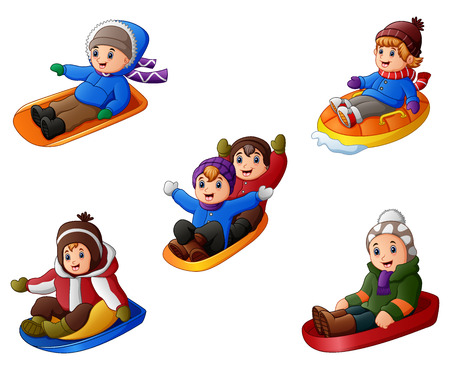 Vector illustration of Set of cute children sleddingのイラスト素材
