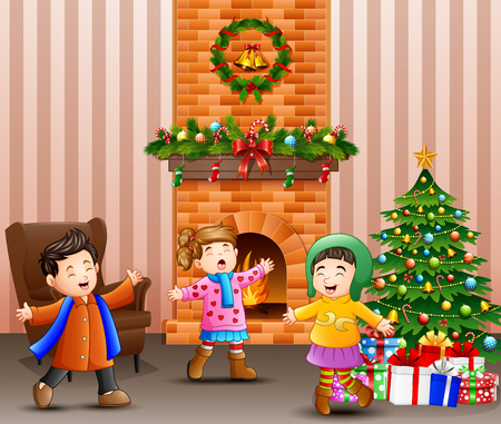 Illustration of living room with christmas decoration with singing children.のイラスト素材