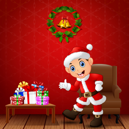 Illustration of happy kid presenting in the living room with christmas decorationのイラスト素材